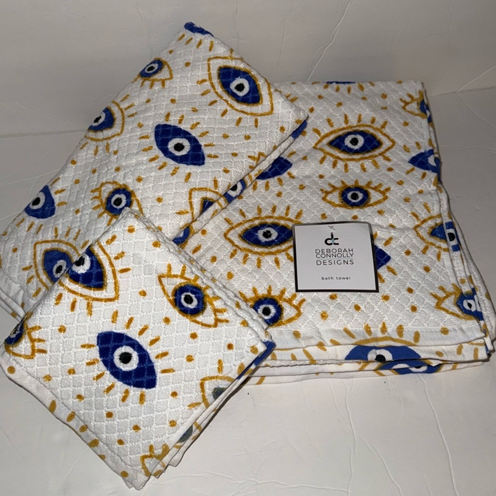 NWT Deborah Connolly 6 Piece Cotton Bath Towel Set Evil Eye White/Blue/Gold